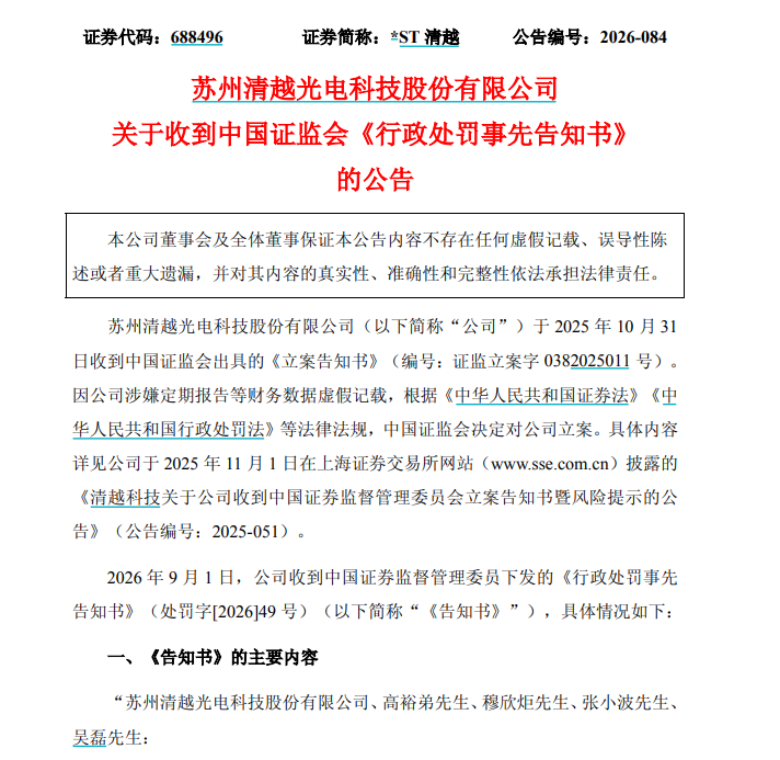 涉欺诈发行、信披违法，*ST清越被罚1.72亿元，股票濒临退市